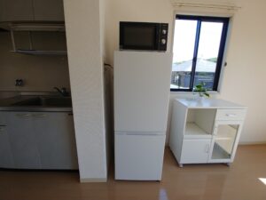 家電（冷蔵庫・電子レンジ）や棚（家具）